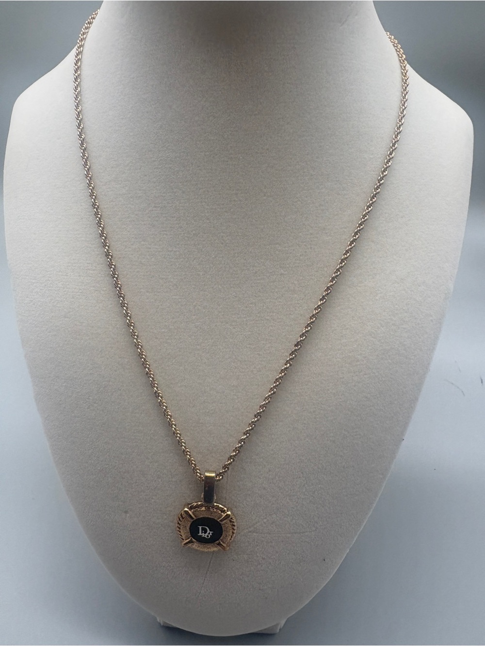 Cristian Dior Gold-Tone Chain Necklace with Black Center Pendant